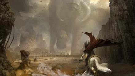A fantasy battle scene featuring a warrior on horseback, facing a colossal mythical creature amidst a dramatic landscape. HD desktop wallpaper and background.