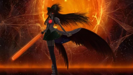 Utsuho Reiuji stands confidently in front of a glowing sun, wielding a luminous weapon. This vibrant HD anime artwork from Touhou captures her power and presence beautifully.
