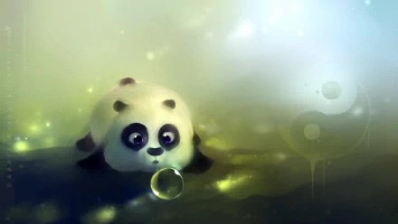 An HD desktop wallpaper featuring a cute panda with big eyes, lying down and staring at a bubble, set against a green and blue gradient background with soft glowing lights.