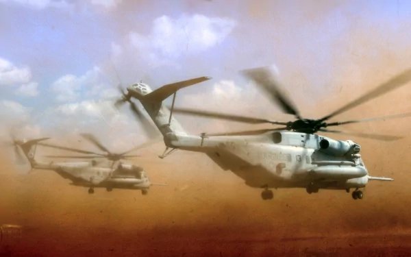 HD desktop wallpaper featuring military Sikorsky CH-53E Super Stallion helicopters flying through a dusty, cloudy sky.