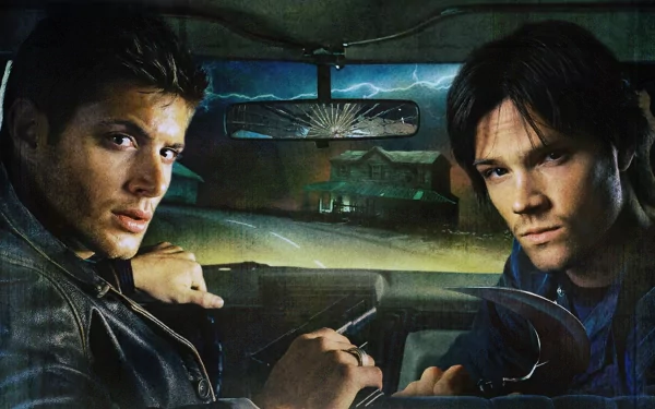 HD desktop wallpaper featuring characters from the TV show Supernatural. The image shows two men in a car, with a stormy night outside. The view is from the backseat, focusing on the intense expressions.