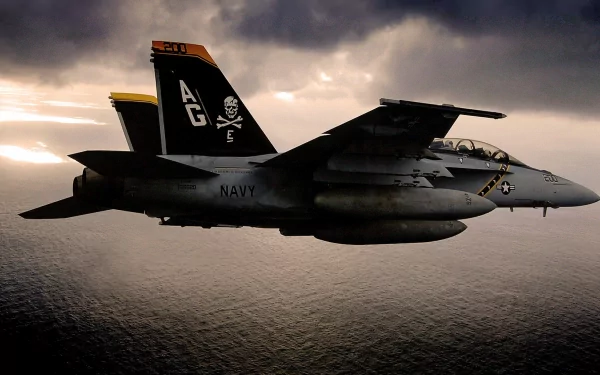 A Boeing F/A-18E/F Super Hornet flies over a dramatic ocean backdrop, showcasing its military prowess against a moody sky. HD wallpaper featuring a striking aircraft.