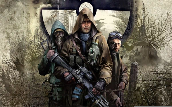 HD PC desktop wallpaper featuring three armed characters from the video game S.T.A.L.K.E.R., set against a post-apocalyptic, eerie background with the game's emblem.