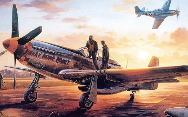 A North American P-51 Mustang, a renowned WWII fighter plane, is showcased in this HD wallpaper, featuring pilots preparing for flight against a stunning sunset backdrop.
