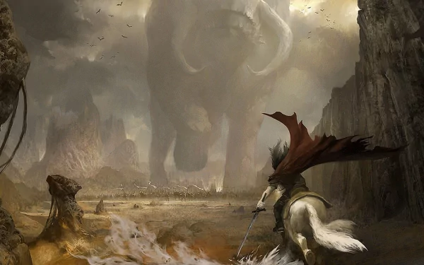 A fantasy battle scene featuring a warrior on horseback, facing a colossal mythical creature amidst a dramatic landscape. HD desktop wallpaper and background.