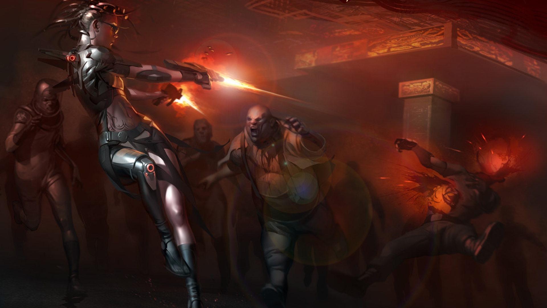 Sci Fi female warrior with guns in dark armor. Desktop wallpaper.