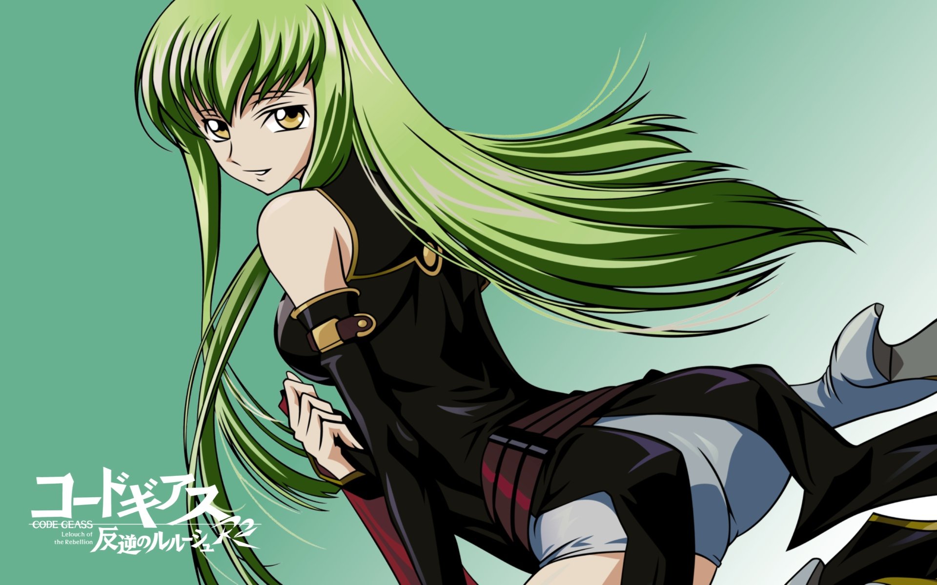 HD PC desktop wallpaper of C.C. from Code Geass, reclining with long green hair flowing and a black outfit against a teal background.