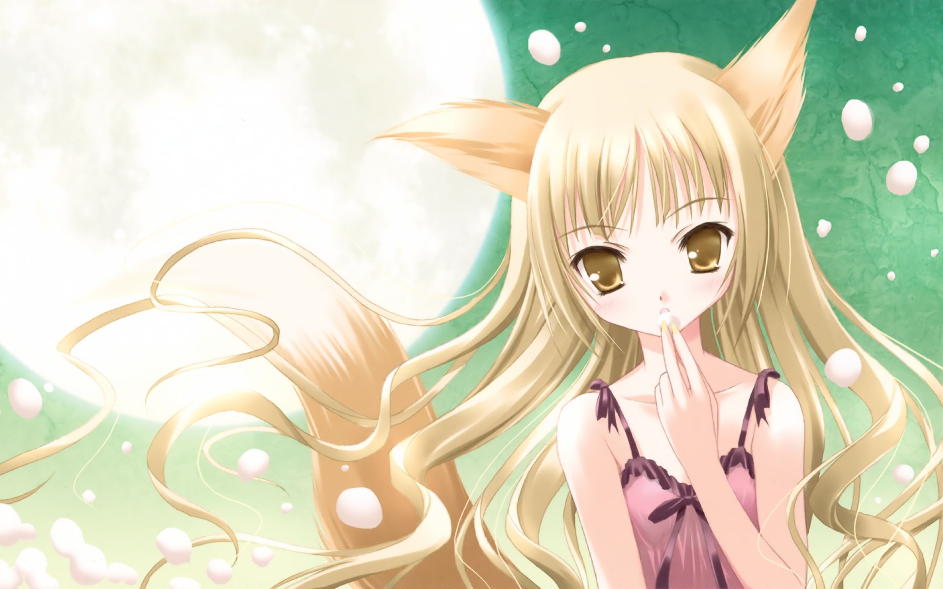 HD anime desktop wallpaper featuring a blonde anime girl with fox ears and long flowing hair, set against a soft moonlit background.