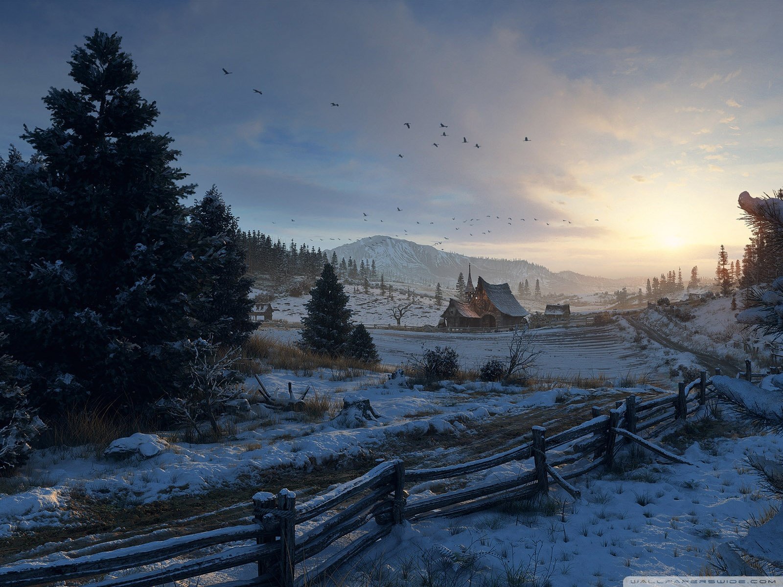 HD PC desktop wallpaper depicting a serene fantasy landscape with snow-covered ground, rustic wooden fences, pine trees, distant houses, and a soft sunrise sky.