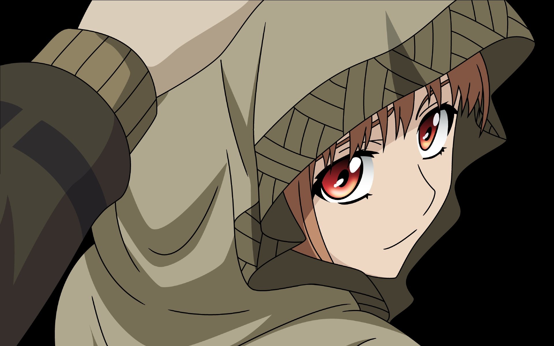 HD anime desktop wallpaper featuring a close-up of Holo from Spice and Wolf, wearing a hooded cloak with her signature red eyes and warm smile.