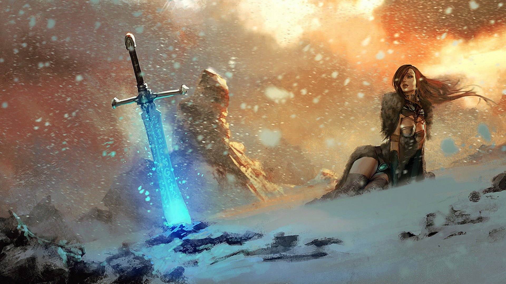 HD fantasy wallpaper featuring a woman kneeling in a snowy landscape next to a glowing blue sword embedded in the ground, with a dramatic sunset in the background.