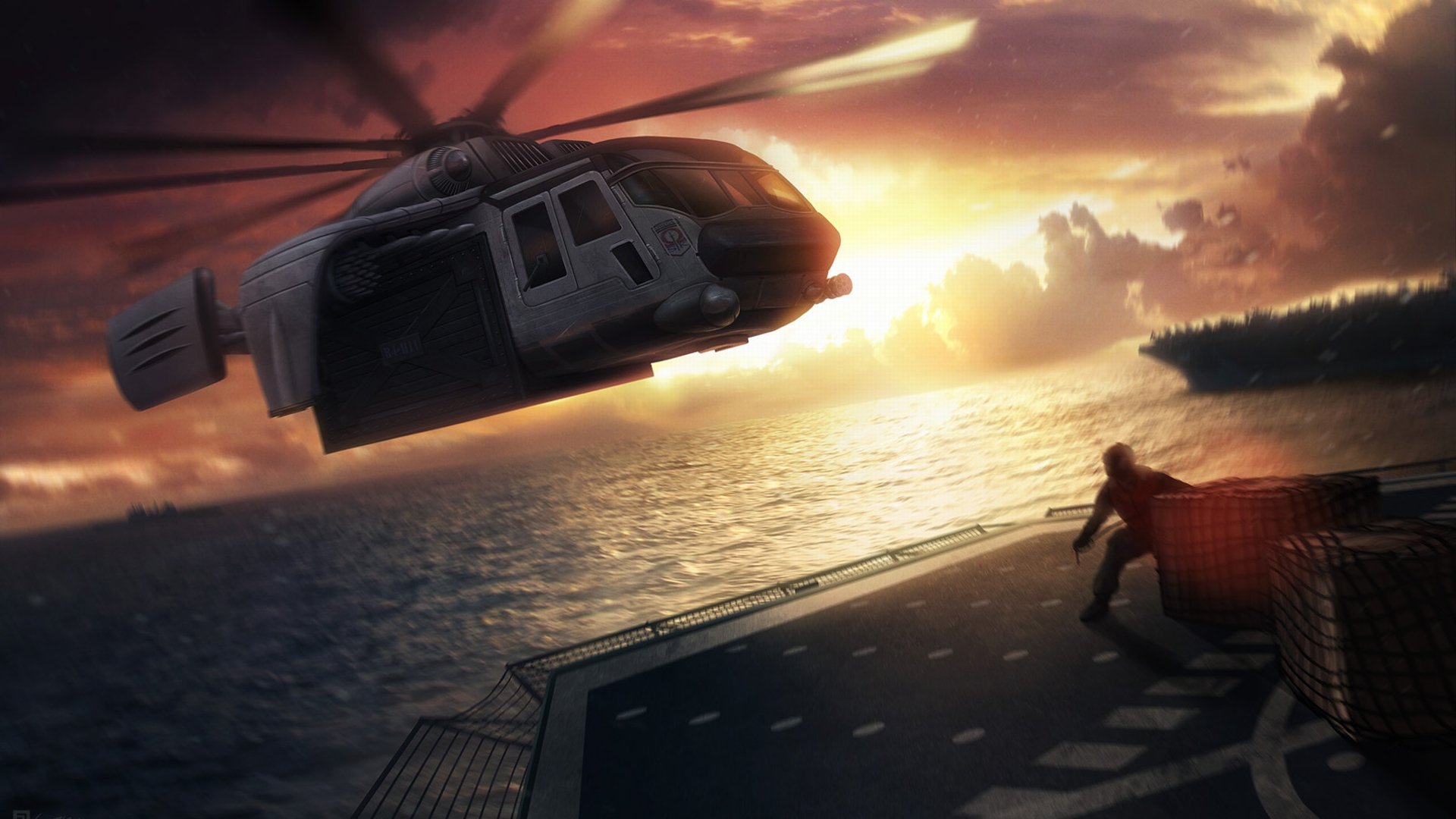 HD PC desktop wallpaper: sci-fi chopper hovers over the ocean at sunset above a ship deck with a lone figure, dramatic clouds and a glowing horizon.