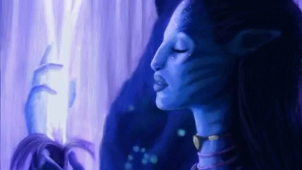 A captivating HD desktop wallpaper featuring a character from the movie Avatar, showcasing a serene blue figure with mystical light in a vibrant, atmospheric setting.