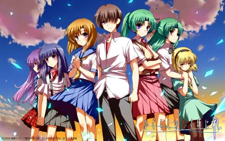 HD wallpaper featuring characters from Higurashi When They Cry, including Furude Rika, Rena Ryūgū, Maebara Keiichi, and others, dressed in school uniforms against a sunset backdrop.