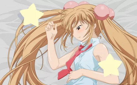Anime-style HD PC desktop wallpaper featuring a character from Kodomo No Jikan with long twin tails and a school uniform lying down on a soft surface.