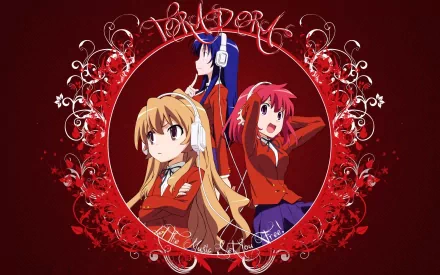 HD PC desktop wallpaper featuring three main characters from the anime Toradora! framed by an ornate red floral design on a dark red background.