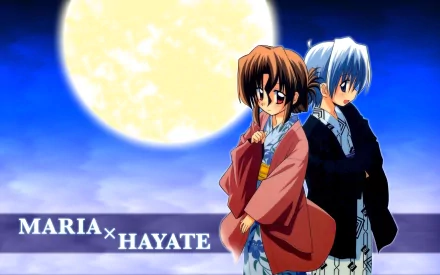 HD PC desktop anime wallpaper featuring Hayate Ayasaki from Hayate the Combat Butler, standing back-to-back with Maria beneath a glowing full moon.