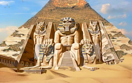 HD desktop wallpaper featuring an Egyptian-themed illustration inspired by Iron Maiden's Powerslave album cover, depicting an imposing structure with monumental statues in a desert setting.