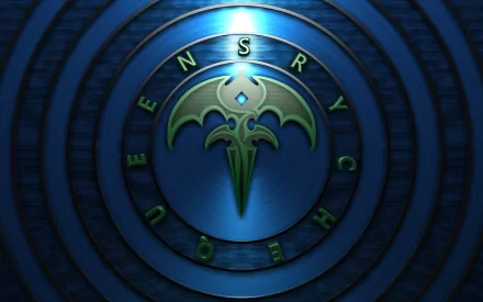 HD PC desktop wallpaper for the music band Queensrÿche: gold-green trident/bat emblem centered on blue concentric rings with QUEENSRŸCHE lettering around the medallion.