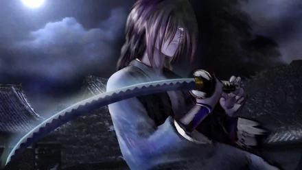Kenshin Himura stands ready with his sword in this captivating HD wallpaper from the anime Rurouni Kenshin, set against a dramatic moonlit background.