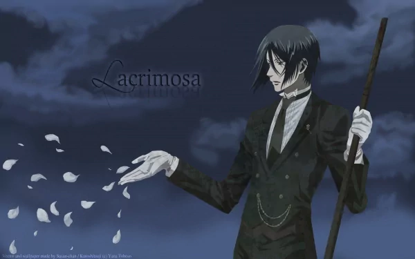 A striking HD desktop wallpaper featuring a character from Kuroshitsuji (Black Butler), elegantly dressed and surrounded by falling petals against a dramatic, dark sky.