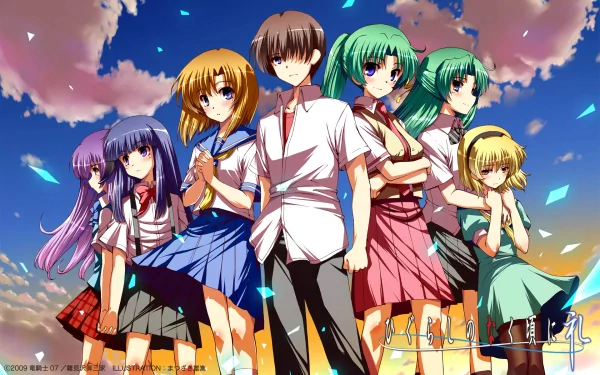 HD wallpaper featuring characters from Higurashi When They Cry, including Furude Rika, Rena Ryūgū, Maebara Keiichi, and others, dressed in school uniforms against a sunset backdrop.