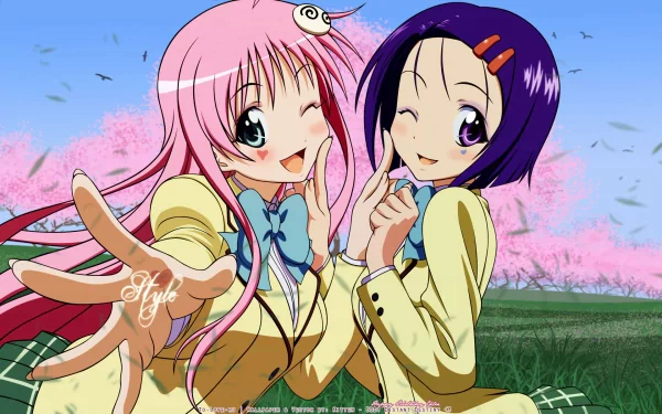 A vibrant HD wallpaper featuring Haruna Sairenji and Lala Satalin Deviluke from the anime To Love-Ru, set against a backdrop of cherry blossoms and a clear blue sky.