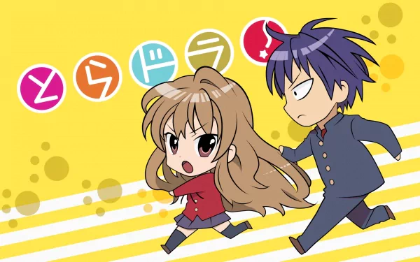 HD wallpaper featuring Ryuuji Takasu and Taiga Aisaka from the anime Toradora! against a vibrant yellow background with playful text elements.