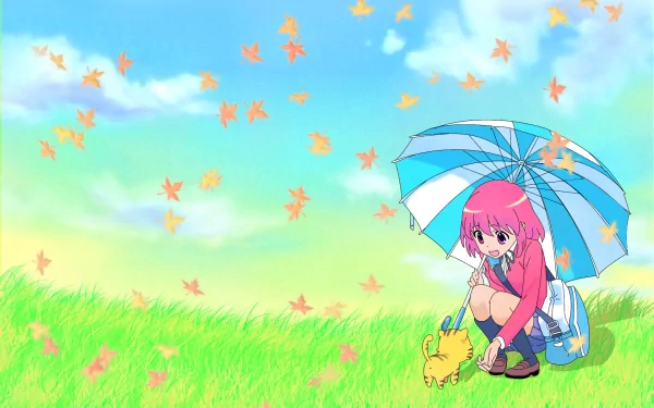 A vibrant HD desktop wallpaper featuring Minori Kushieda from the anime Toradora!, sitting on grass under a blue umbrella, with autumn leaves gracefully falling around her.