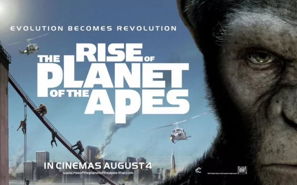 HD PC desktop wallpaper of the movie Rise of the Planet of the Apes, featuring a close-up of an ape's face with a cityscape and helicopters in the background.