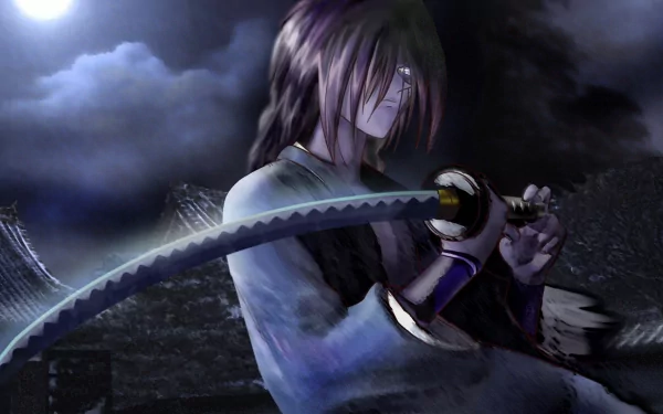 Kenshin Himura stands ready with his sword in this captivating HD wallpaper from the anime Rurouni Kenshin, set against a dramatic moonlit background.