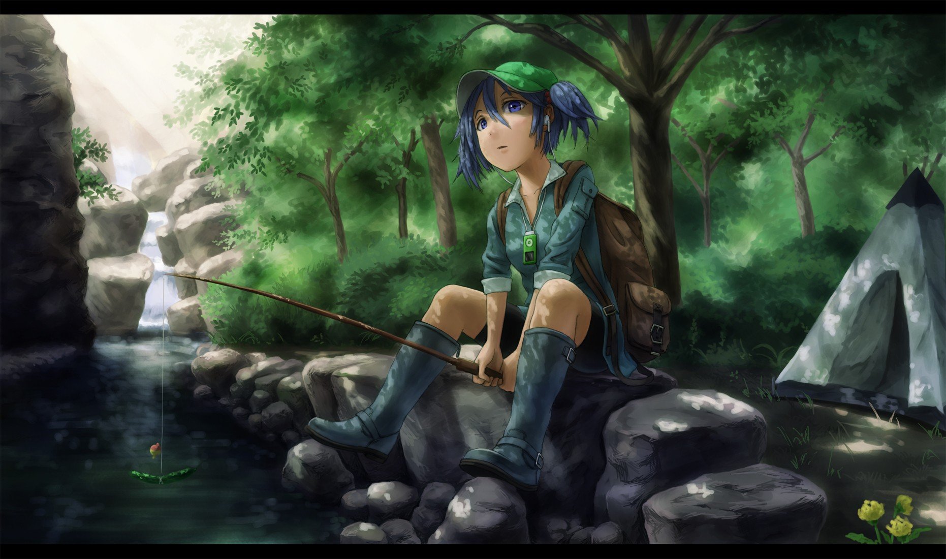 HD PC desktop wallpaper featuring Nitori Kawashiro from Touhou, sitting by a forest stream with a fishing rod, surrounded by lush greenery and rocks.