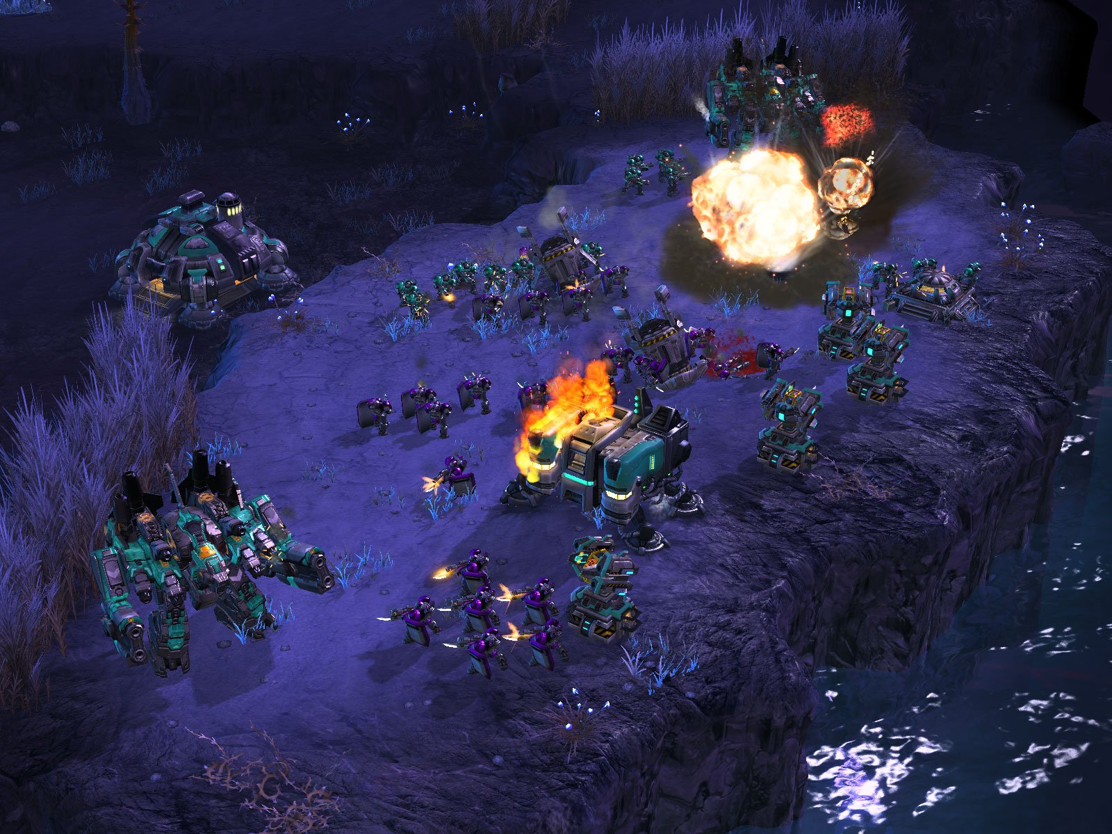 StarCraft video game HD PC desktop wallpaper background: nighttime alien shoreline skirmish with armored units, explosions and a burning mech on purple-lit terrain.
