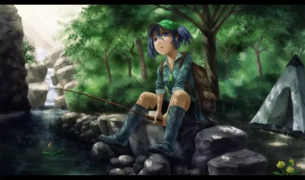 HD PC desktop wallpaper featuring Nitori Kawashiro from Touhou, sitting by a forest stream with a fishing rod, surrounded by lush greenery and rocks.