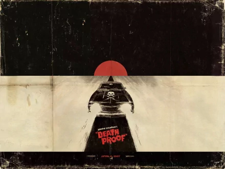 A striking HD desktop wallpaper featuring artwork from the movie Death Proof, showcasing a car with a skull logo against a bold red sun backdrop.