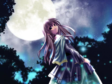Anime-style girl with long purple hair stands beneath a large full moon in a blue night sky, surrounded by trees and glowing lights, HD desktop wallpaper from Club Maniax.