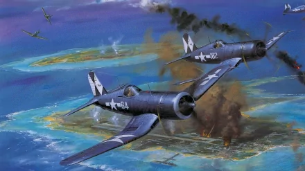HD desktop wallpaper depicting military aircraft in an aerial battle over an island, with smoke and explosions creating a dynamic wartime scene.