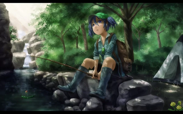HD PC desktop wallpaper featuring Nitori Kawashiro from Touhou, sitting by a forest stream with a fishing rod, surrounded by lush greenery and rocks.