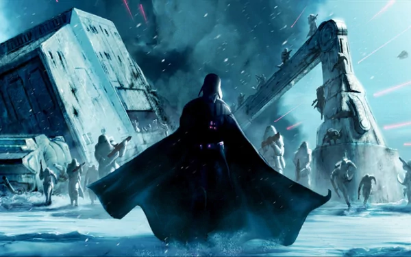 Darth Vader stands on Hoth amid snow and chaos, flanked by AT-AT Walkers and Stormtroopers. His helmet, mask, and cape are iconic in this sci-fi Star Wars HD wallpaper.