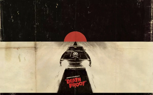 A striking HD desktop wallpaper featuring artwork from the movie Death Proof, showcasing a car with a skull logo against a bold red sun backdrop.