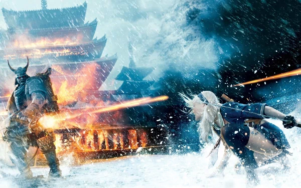 An HD wallpaper featuring Emily Browning as Babydoll from the movie *Sucker Punch*, showcasing an intense battle scene with dynamic action and a dramatic backdrop.