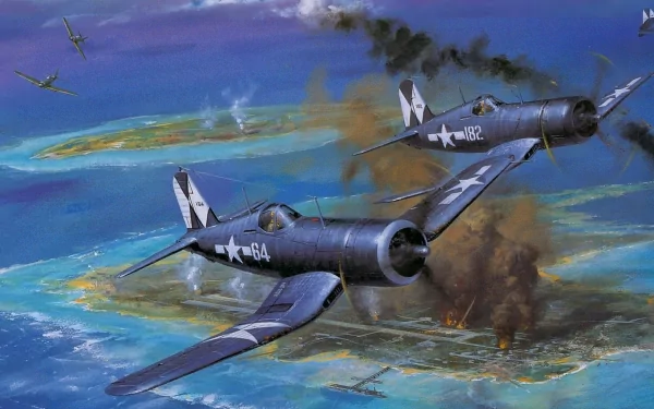 HD desktop wallpaper depicting military aircraft in an aerial battle over an island, with smoke and explosions creating a dynamic wartime scene.