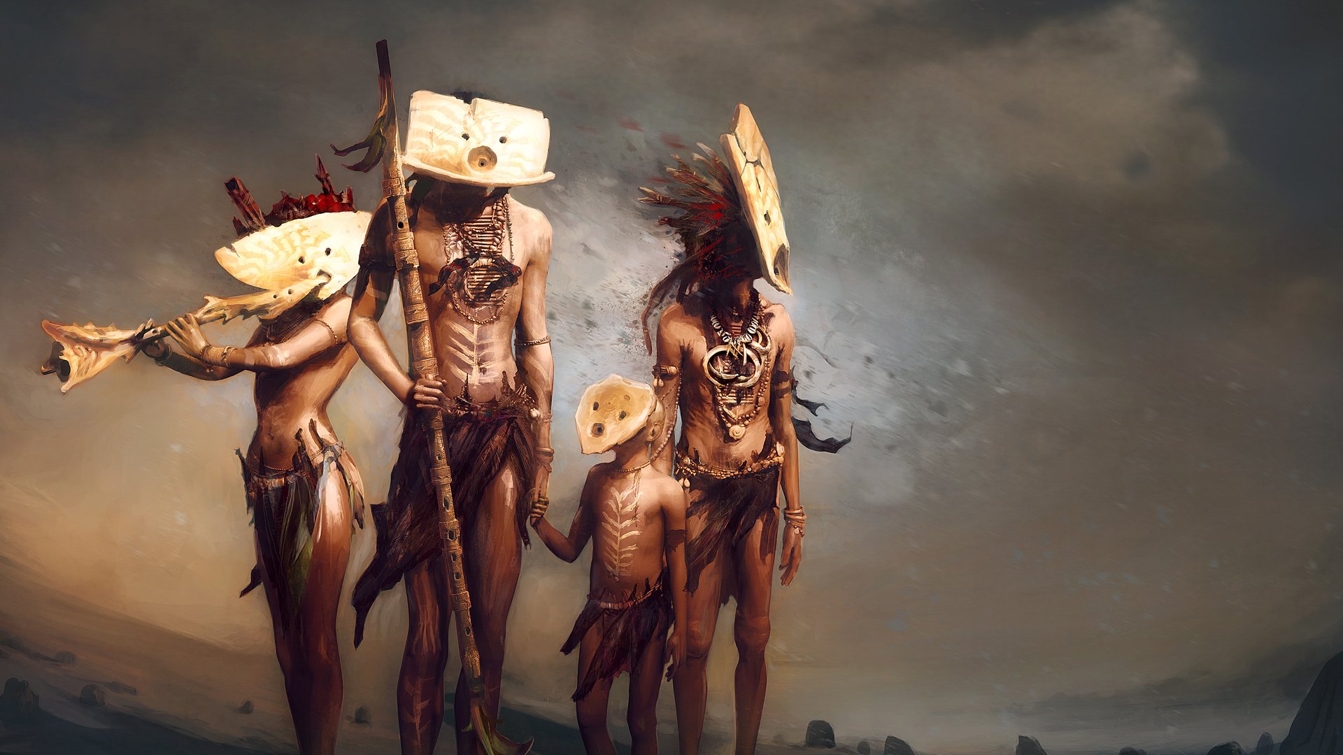HD PC desktop wallpaper featuring tribal figures from the video game From Dust, set against a dramatic, cloudy background.