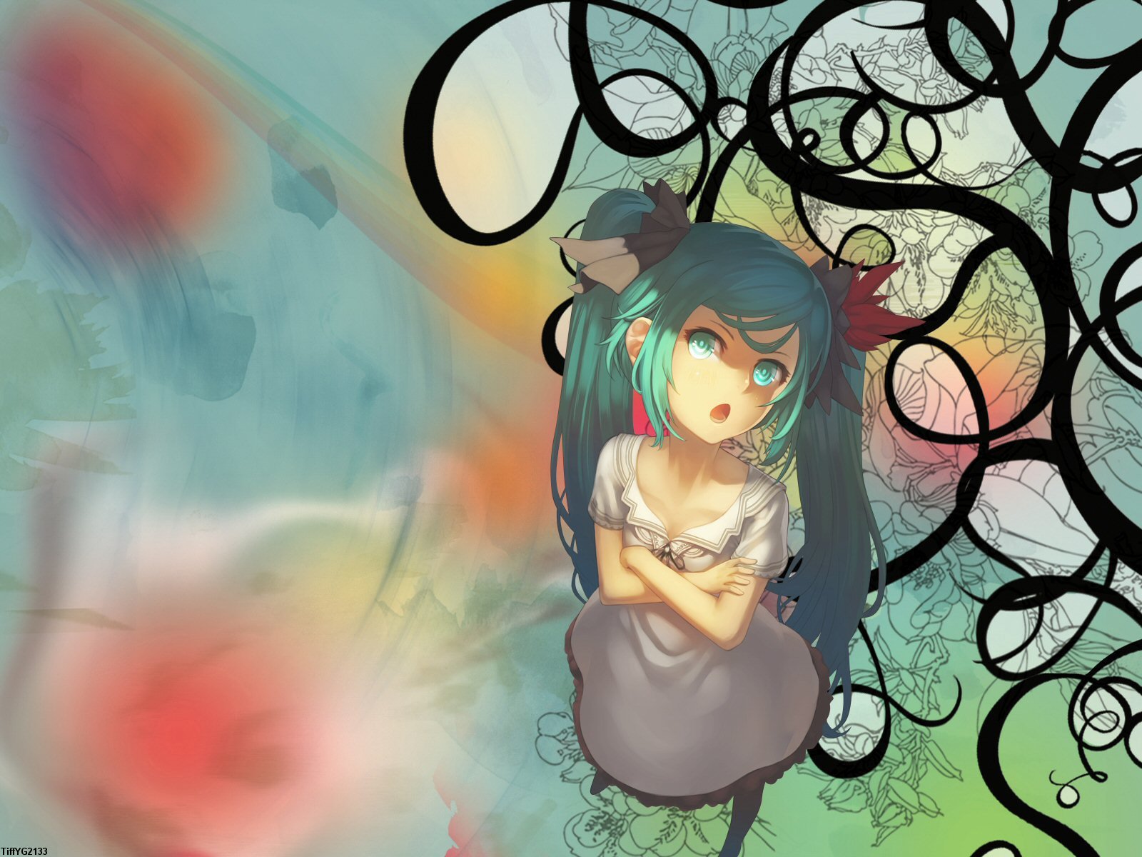 Song illustration of Hatsune Miku, anime Vocaloid with teal twin-tails and a dress, framed by swirling black vines over a soft multicolor HD PC desktop wallpaper background.