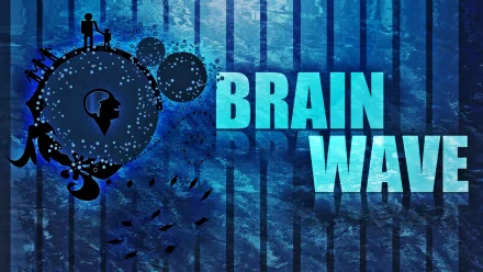 Artistic abstract blue HD PC desktop wallpaper with wave textures, a stylized brain silhouette and small human figure, dotted neuron patterns and bold BRAIN WAVE text.