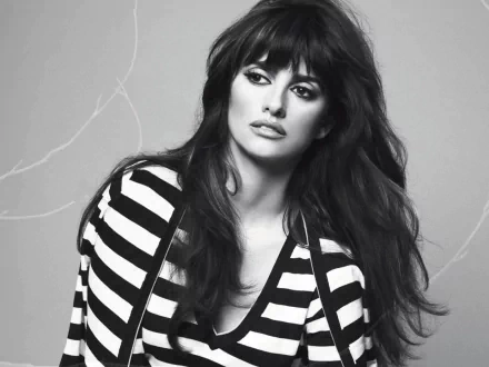 Stylish black-and-white portrait of Penelope Cruz, showcasing her striking features and confident pose. A captivating HD desktop wallpaper and background.