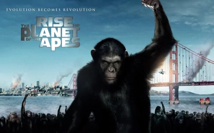 A dramatic HD wallpaper from Rise of the Planet of the Apes, featuring a powerful ape against a city backdrop with a revolutionary pose, capturing the film's intense themes.
