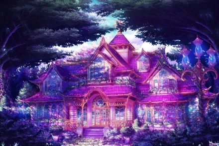 A vibrant fantasy building is illuminated in shades of purple, surrounded by lush greenery, creating a magical atmosphere. This HD wallpaper enhances any desktop background.