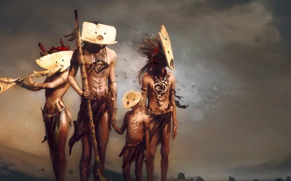 HD PC desktop wallpaper featuring tribal figures from the video game From Dust, set against a dramatic, cloudy background.
