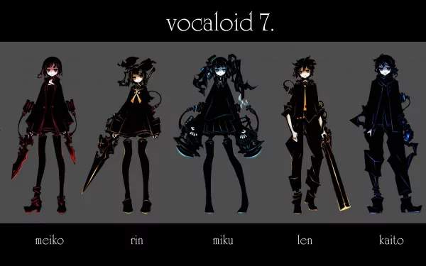 Vibrant HD wallpaper featuring iconic Vocaloid characters: Meiko, Rin, Miku, Len, and Kaito, alongside Black Rock Shooter, in an anime-inspired design.